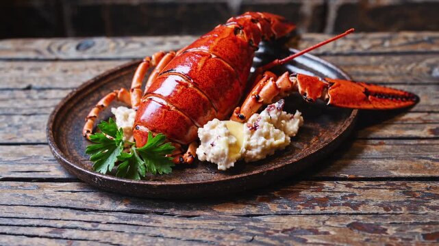 Grilled garlic butter lobster with creamy mashed potato and fresh parsley, gourmet seafood meal rustic plate, appetizing grilled seafood presentation