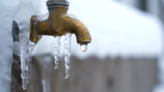 Frozen brass water tap with icicles dripping slowly. Close-up of a leaky faucet in cold winter weather. Plumbing problems from freezing temperatures concept