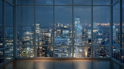 Empty room corner overlooks illuminated city skyline at night through large windows.