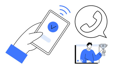 Hand holding smartphone with communication signals, phone icon, and video call with trophy. Ideal for technology, communication, digital interaction, connectivity, multimedia, remote work mobile