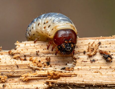A pale, plump grub crawls on a piece of splintered wood, with small legs visible beneath its brown head