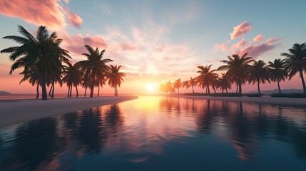 Tropical sunset beach, calm water, palm trees, idyllic scene, travel postcard.