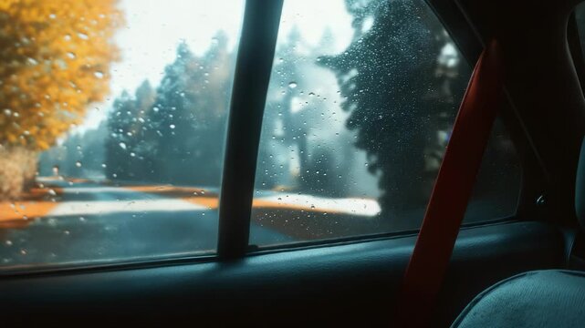 The red seatbelt contrasts with the car interior while rain drips down the window, highlighting the safety of travelers inside the vehicle. Outside, blurred trees and a winding roa