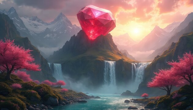 Majestic mountain peaks surround waterfalls flowing into clear river. Giant ruby gem rests atop highest summit, glowing brightly under pastel sky. Pink flowering trees dot green hillsides. Scenic