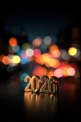 The image features the year 2026 in shiny golden letters set against a colorful, blurred bokeh background, suitable for New Year promotions, future-themed content, or annual events,