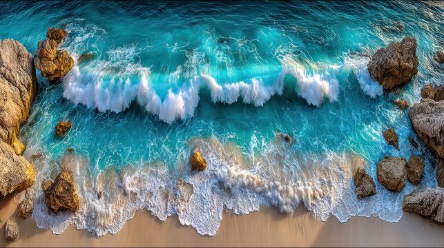 Aerial view of turquoise ocean waves crashing onto a sandy shore with rocks.