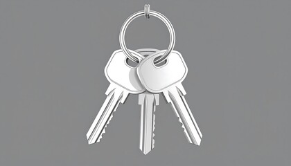 A keyring holds three simple, metal house keys dangling against a gray backdrop, casting soft shadows