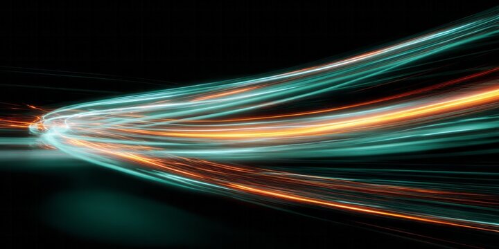 Bright streaks of turquoise and orange light curve dynamically across a dark background creating an impression of high speed movement. - Powered by Adobe