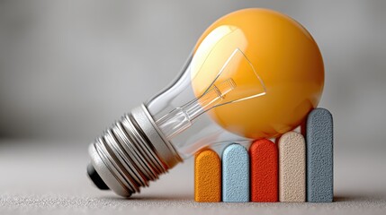 A creative composition featuring an orange light bulb resting on colored blocks, symbolizing innovation and growth, Ideal for use in presentations, marketing materials, and educational content,