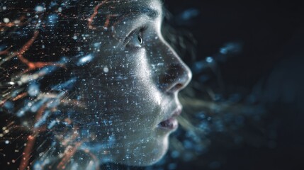 Profile of a face dissolving into abstract digital light particles