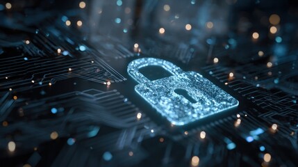 Glowing digital padlock on dark circuit board with bokeh lights.