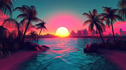 Tropical sunset beach scene, calm ocean, pink sky, palm trees, vacation background.