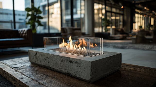 Real concrete hearth with AR flame overlay visible