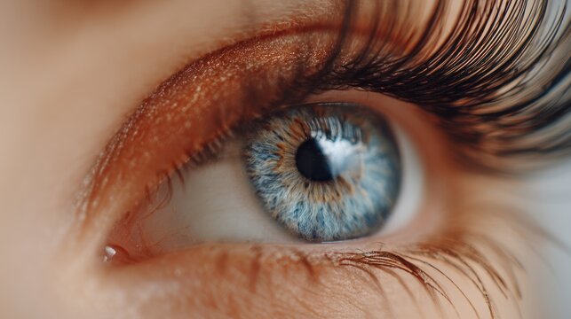 Extreme close up macro shot of a human blue eye with long eyelashes. - Powered by Adobe