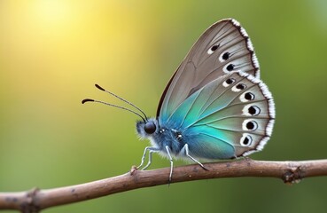 Obraz premium A beautiful blue butterfly rests on a branch in a sunny garden. The delicate insect has colorful turquoise and grey wings with spots. Macro photo of a single wild creature in its natural habitat.