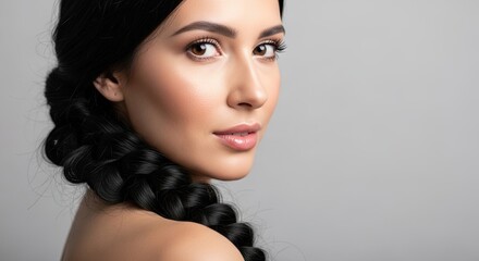 Beautiful young woman with a long dark braid looking over her shoulder