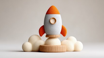 A whimsical rocket model sits atop a wooden base surrounded by soft, textured clouds, Ideal for children's educational materials, creativity-themed branding, or playful aesthetic designs,