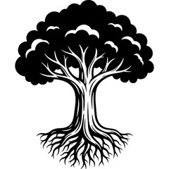 Stylized Woodcut Tree Vector Illustration with Roots and Canopy. Ideal for Human Rights, Growth, Nature, Life, and Stability Concepts.