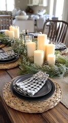 Warm dining table setup with bright pillar candles, winter evergreen garland, dark plates, plaid napkins, woven placemats.