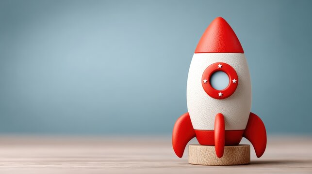 A stylized toy rocket on a wooden base against a soft blue background, perfect for themes of creativity, innovation, and childhood imagination, Ideal for education, marketing, or decoration purposes,