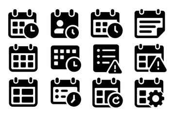 Planning Icons Collection. Solid style icons of scheduling and planning: calendar with clock, appointment icon, meeting time icon,