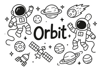 Drawing of two astronauts and a planet with the word Orbit written below them