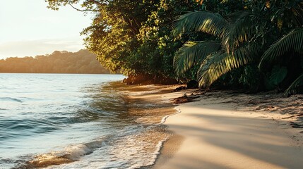 Tropical beach sunset, calm ocean waves lapping shore, lush jungle backdrop; ideal for travel brochures.