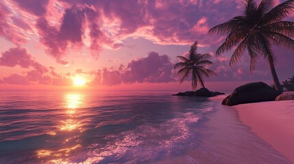 Pink sunset over tropical beach, palm trees, ocean waves. Perfect for travel brochures.