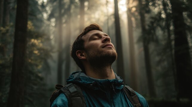 Hiker breathes deeply in misty sunlit forest with closed eyes.