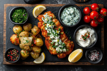 Crispy schnitzel with roasted potatoes and sauces
