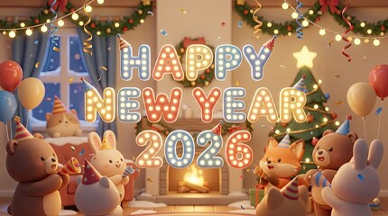 Cute animals celebrate happy new year 2026 with party hats and confetti