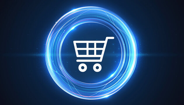 Digital Cart: An image of a shopping cart, illuminated by a halo of blue light, symbolizes the essence of online commerce and digital shopping experiences. 