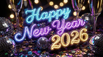 Celebrate new year 2026 with bright lights and festive decorations.
