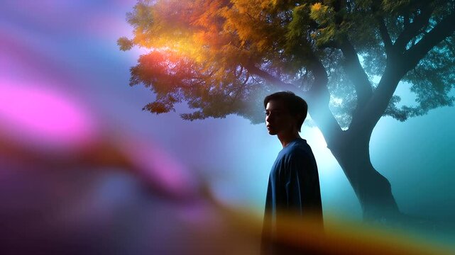 A faceless silhouette standing near an iridescent glowing tree, both slightly defocused for a dreamy atmospheric effect, vibrant seasonal colors, with copy space