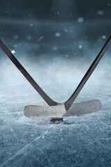 Fototapeta premium Ice hockey players on the grand ice arena. A game in the ice hockey hall. Poster with copy space.