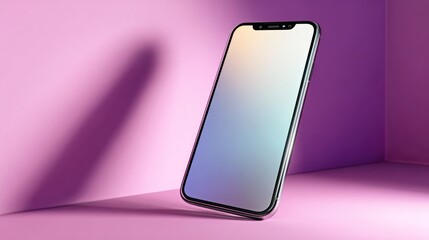 Smartphone mockup floating against pink and purple corner background