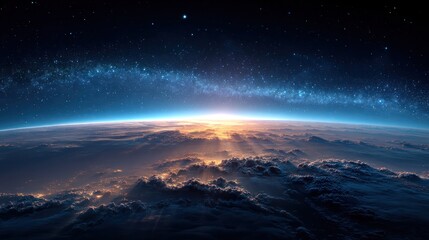 View from space above clouds during sunrise or sunset with stars.