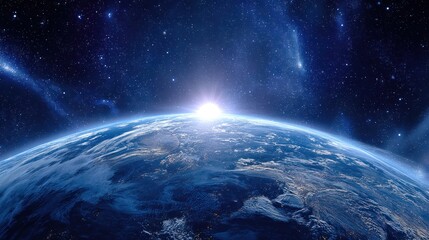 Obraz premium Earth curvature above dark blue starry space with bright sunrise glow