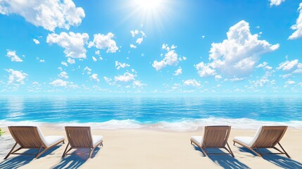 Tropical beach relaxation four lounge chairs on a pristine sandy beach, turquoise ocean, sunny sky. Use travel, vacation.