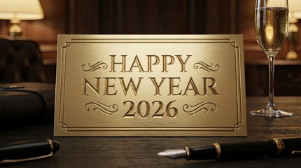 Gold plaque shows Happy New Year 2026 with champagne glass nearby.