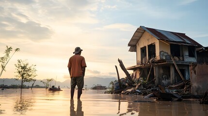 A man in a hat stands in muddy floodwaters observing a partially submerged and destroyed house at golden hour