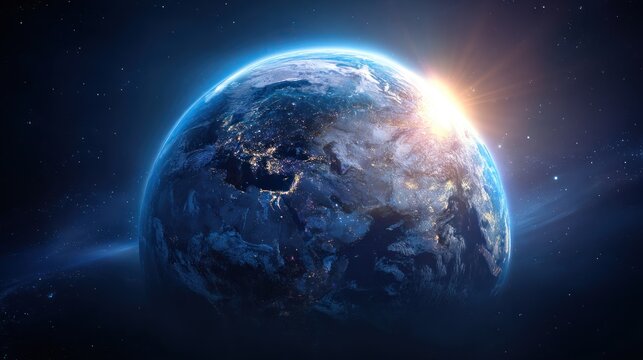 Earth seen from space at sunrise with city lights visible.