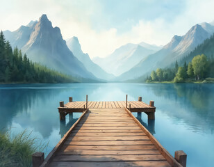 Wooden pier on calm blue lake with distant misty mountains and forest line. Serene natural landscape background under bright sky. Peaceful waterside retreat.