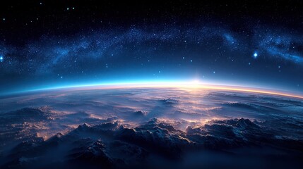 View from space above mountains during a dramatic sunrise or sunset.