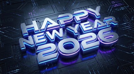 Happy year 2026 celebration with glowing digital text and a futuristic background.