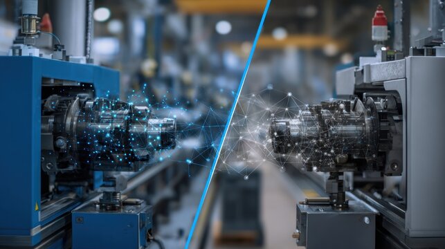 Industrial machinery with digital network overlay symbolizing smart manufacturing