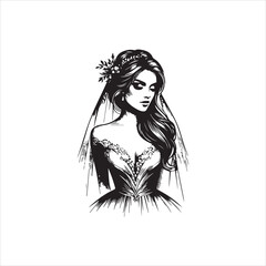 Elegant bride in delicate wedding dress and veil, a stunning monochrome vector logo illustration capturing timeless beauty for creative projects