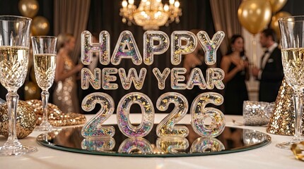 Happy New Year 2026 celebration with sparkling champagne glasses and festive decorations.