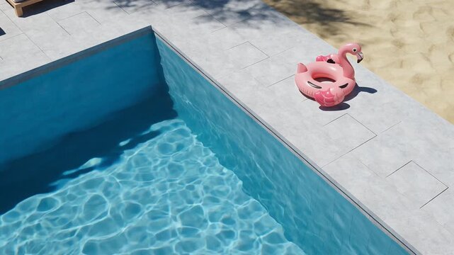 Cooling off in the pool on a hot summer day with a fun flamingo floatie ready for a swim, creating a refreshing vacation mood