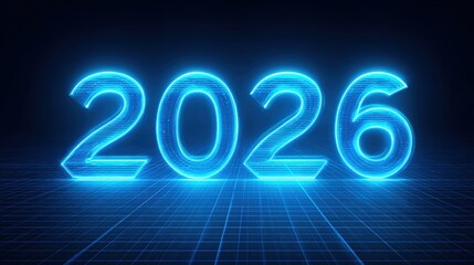A futuristic representation of the year 2026, glowing in neon blue against a dark background, ideal for technology, business, and New Year's themes, emphasizing innovation and forward-thinking,
